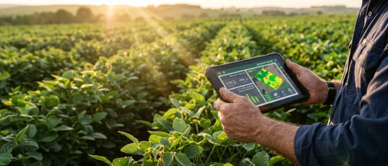 Farmer holding a tablet in a sunlit field of green crop rows at golden hour