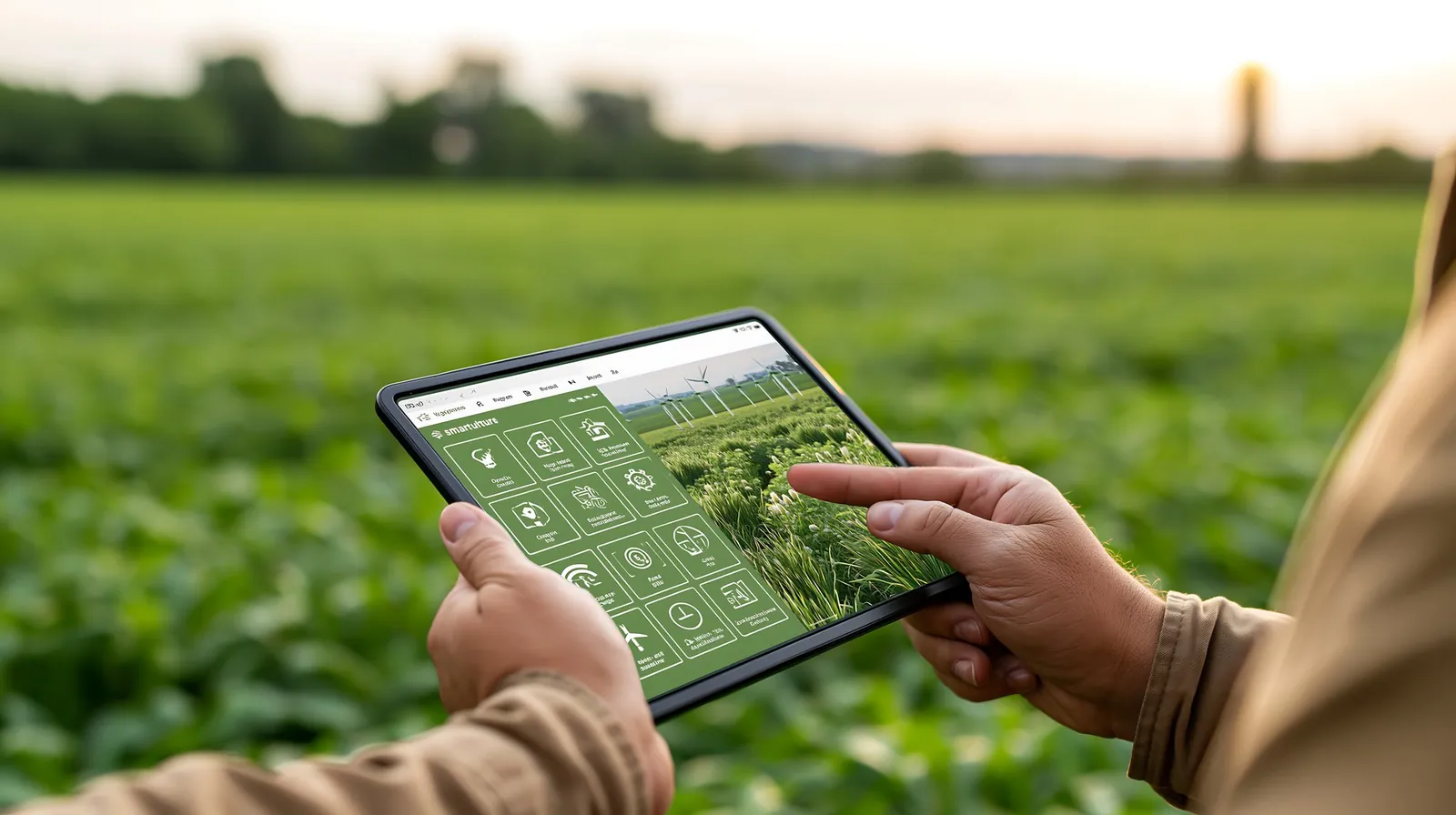 Hands holding a tablet showing a field map in front of green crop rows at dusk