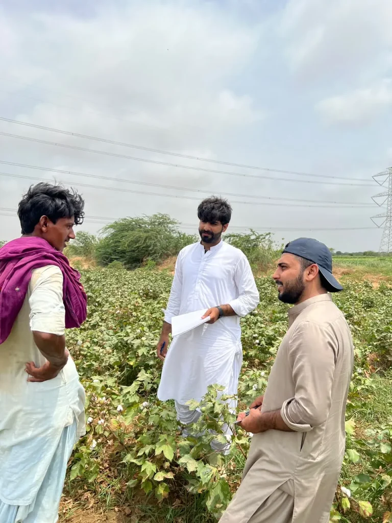 Three men talking in a cotton field during the field visit