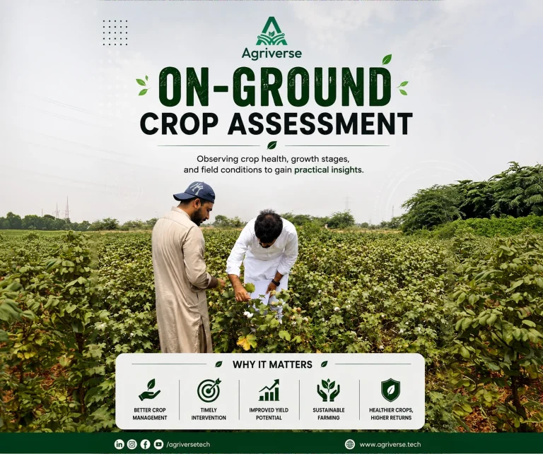 Agriverse On-Ground Crop Assessment poster showing two men in a cotton field