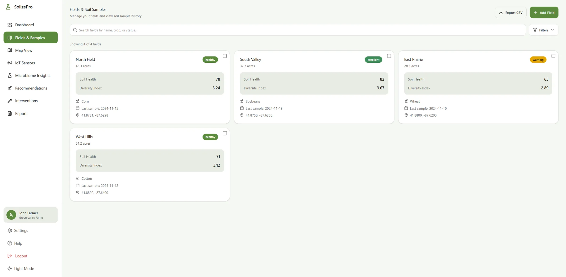 Agriverse dashboard showing fields and soil samples