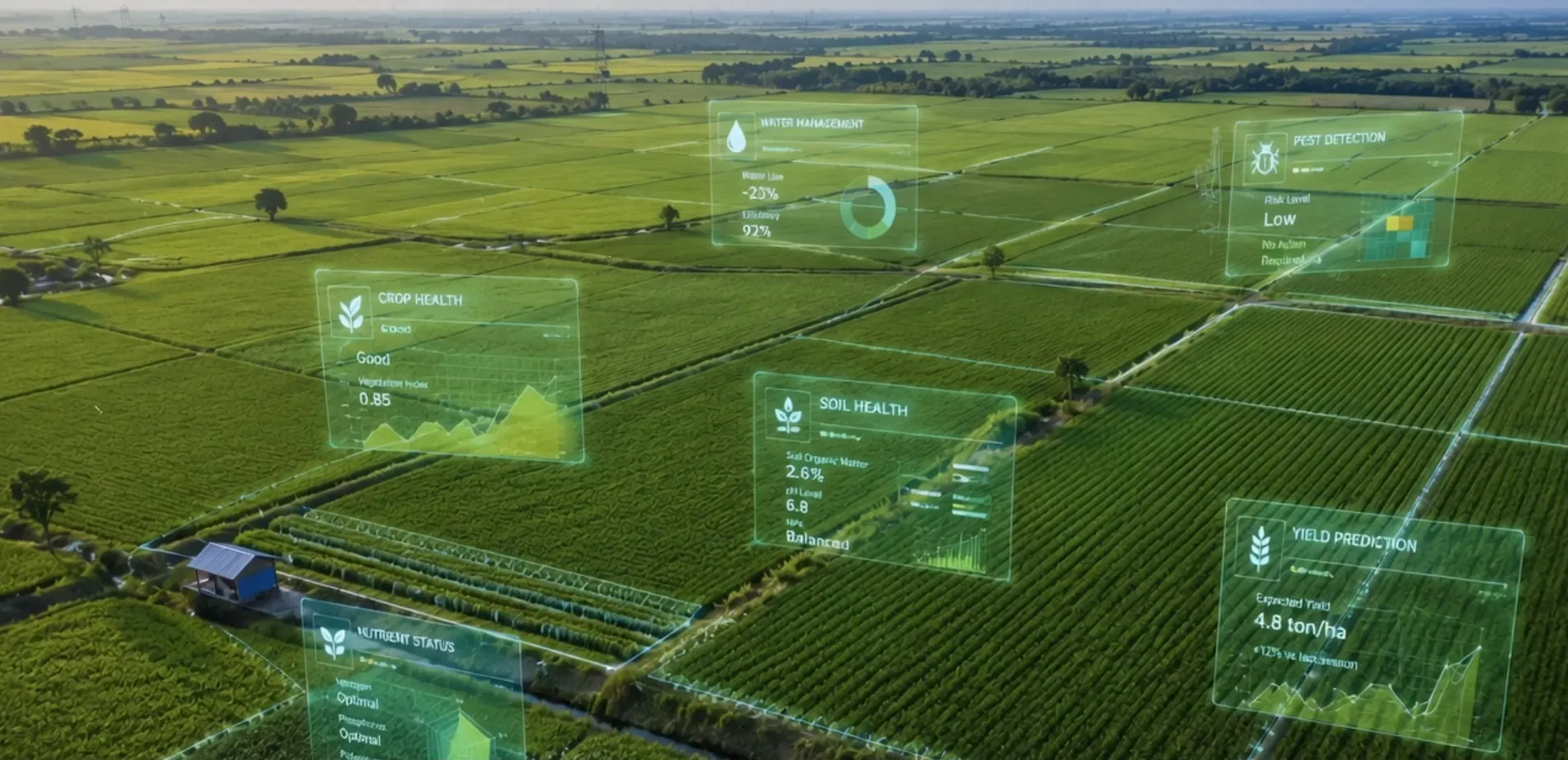 Aerial view of green farmland with data overlays